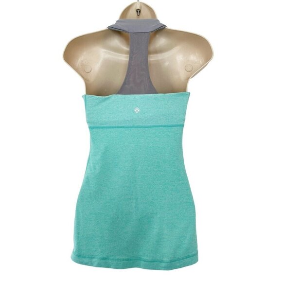 Lululemon Scoop Neck Tank Top Turquoise Gray Mesh T Back Women's Size 6 No Pads - Picture 4 of 8